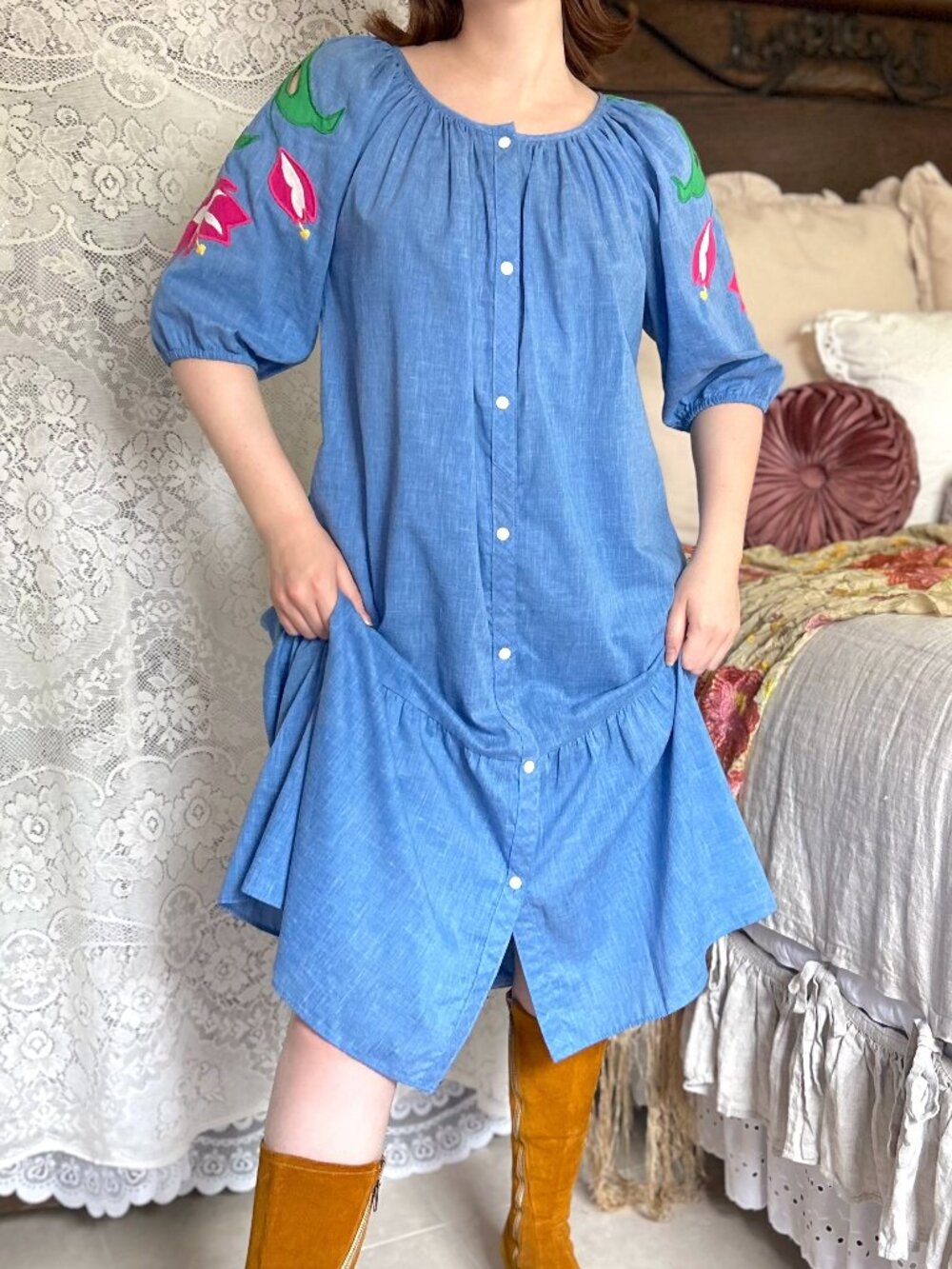 Vintage 70s Blue Dress, Puff Sleeves, Fabric Appliqué Tulips, Cottagecore Muumuu